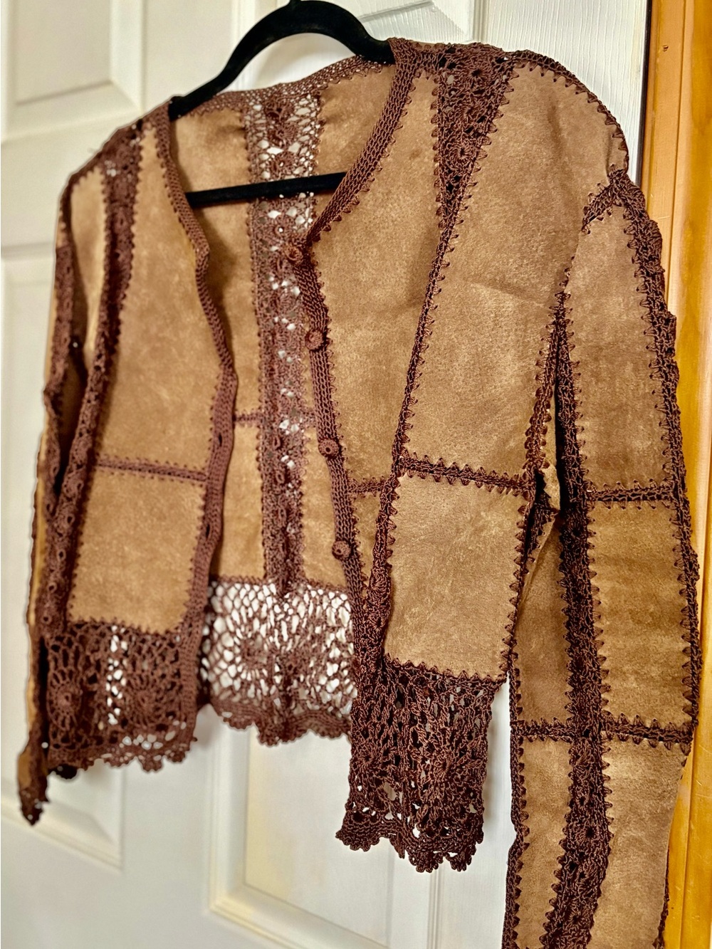 Brown Suede Crochet-Trim Jacket for Women